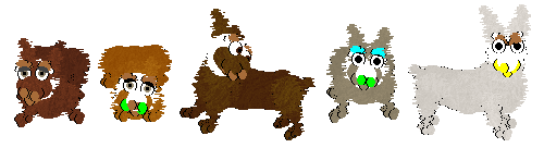 Five Maskbunnies demonstrating the above mutations. The first has red fur and a partial mask, the second is orange and has tear streaks, the third is brown and has a half mask, the fourth is dusty and has tear streaks, and the last one is white and has tear streaks.