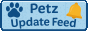 A blue button reading 'Petz Update Feed'. There is a blue pawprint on the left side and a yellow bell on the right side.