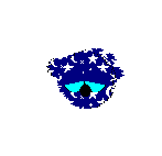 An image of Bluescreen, a BirdWorm, in Petz. He is blue with a white star and moon pattern. His eyes are cyan and his beak is black. He meows softly and tilts his head.