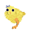 An image of Chickie, a yellow chick with one leg and a small blue bow, in Petz. She blinks rapidly.