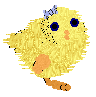 An image of Chickie, a yellow chick with one leg and a small blue bow, in Petz.