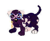 An image of Domino, a dark purple dog with white ears and spots, brown-grey heterochromia, and multicoloured glasses, in Petz. They bark three times and then pant.