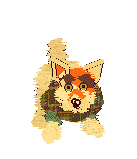An image of Fox, a tan dog with orange markings on his face and green eyes. He is wearing a green and brown plaid sweater. He barks energetically.