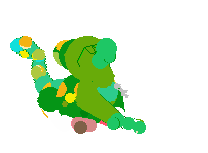 An image of Lele, a Siamese, in Petz. He looks nothing like a cat and instead resembles a bright green chameleon. He is wearing small green glasses and a silver ankh necklace. He stands up momentarily before returning to lying down.