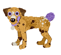 An image of Nutmeg, a light orange Dalmatian with brown ears and spots, a purple gumdrop tail, and a purple collar with a white tag. He barks a few times, wide-eyed.