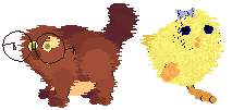 Sebbie, a chubby brown chipmunk-like pet with round glasses, and Chickie, a yellow chick with one leg and a small blue bow, stand next to each other.
