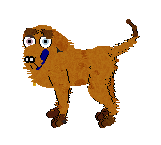 An image of Sunset, a Mixie resembling a Dachshund, in Petz. She is an orange, fluffy dog with slightly darker orange spots, brown eyebrows, brown paws, a brown tail tip, one pink eye, and one light blue eye. She is wearing a blue collar with a gold charm. They wag their tail enthusiastically.