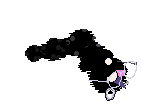 An image of UV, a BirdWorm, in Petz. She is a black worm-like creature with one white and one magenta eye, a white spot on her forehead and black spots on her body, wearing white circular glasses and carrying a black magnifying glass. She lounges around contentedly.