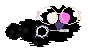 An image of UV, a BirdWorm in Petz. She is a black worm-like creature with one white and one magenta eye, a white spot on her forehead and black spots on her body, wearing white circular glasses and carrying a black magnifying glass.
