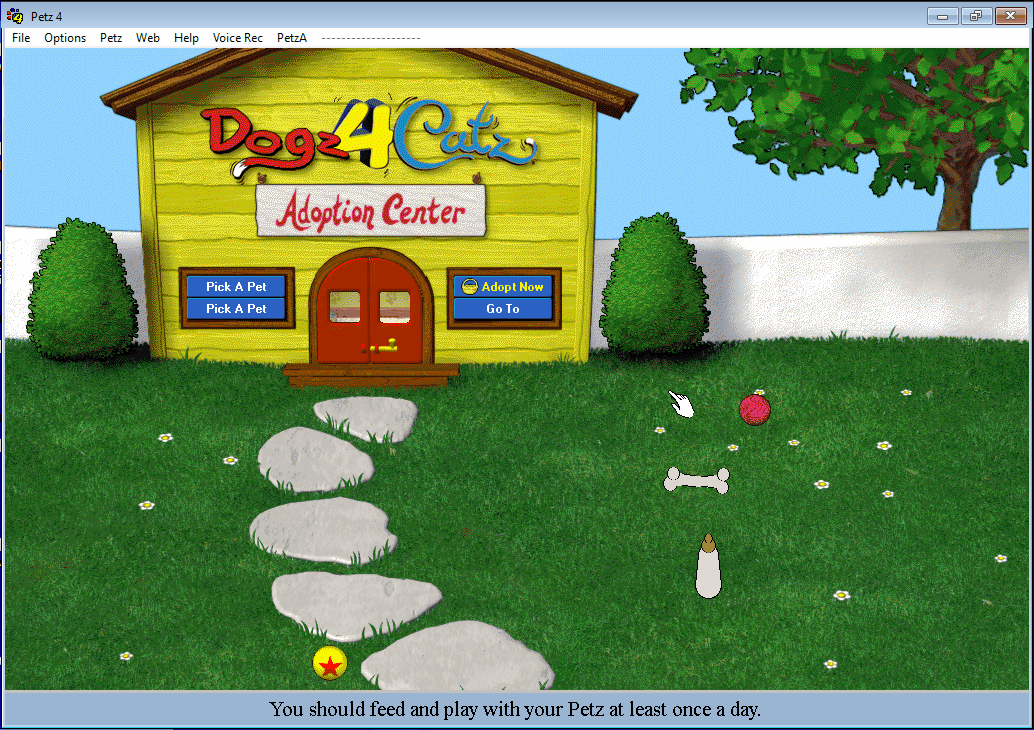 A Poodle in Petz 4 comes out of the Adoption Centre, a large yellow building.