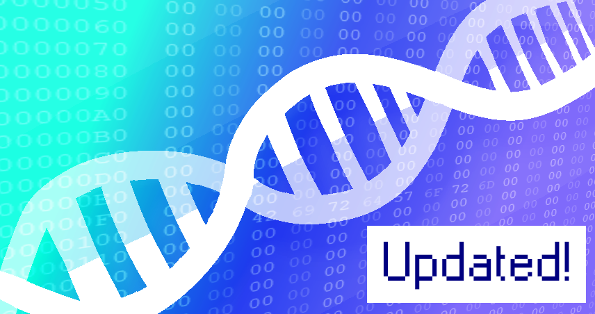 An illustration of DNA, overlaid faintly with a teal-to-purple gradient and a series of hexadecimal bytes from a petfile.