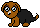 A pixel art drawing of Fluffball, an orange and black dog with blue eyes, a white patch on her nose, and reddish patches on her eyebrows and tail.