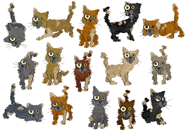 Fifteen Alley Cats in Petz. All but the third, fifth, and twelfth have different fur colours than the rest. The third cat has a muzzle the same colour as its fur. The fifth and twelfth cats have different eye colours than usual.