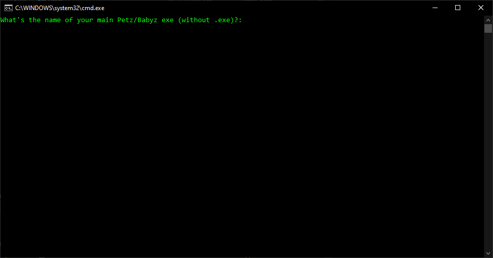 A screenshot of the Windows Command Prompt. The console reads, 'What's the name of your main Petz/Babyz exe (without .exe?)'.