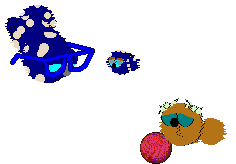 Blueberry Jam and Dust Bunny stand on either side of Bluscreen. There is a red yarn ball near Dust Bunny.