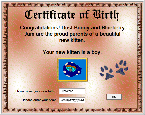 A birth certificate in Petz, showing a blue BirdWorm with cyan eyes, ginger eyelids, and offwhite spots named Bluescreen.