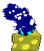 Bluescreen pouncing on a piece of cheese.