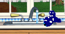 Bluescreen drinks from the faucet tap in the Petz kitchen.
