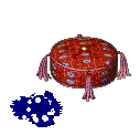 Bluescreen tries to pick up the red tasselled pillow, only to fail. He then looks around almost panickedly.
