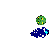 Bluescreen bats futilely at a rolling green ball with yellow polka-dots.