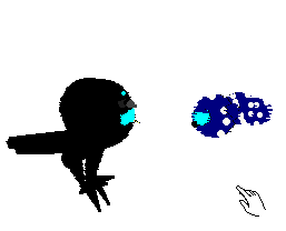 Bluescreen and Lopho, a black and cyan cat resembling a greater lophorina, hop in place while looking at each other.