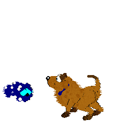 Bluescreen and Sunny, an orange dog with a blue collar, hops in place and barks at an intrigued Bluescreen.