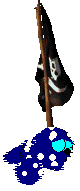 Bluescreen sits in front of a Jolly Roger pirate flag.