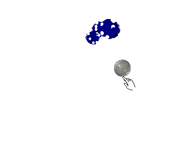 Bluescreen shakes his head in time with the hand cursor shaking the grye ball, until it eventually explodes into confetti.