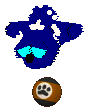 Bluescreen stands behind the brown pawprint ball.