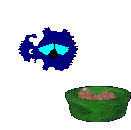 Bluescreen eats from the green food dish.