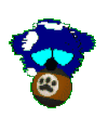 Bluescreen holds the brown pawprint ball.