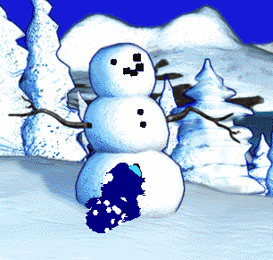 Bluescreen looks curiously as the hand cursor places coal on the snowman.