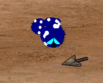 Bluescreen cautiously backs away from and bounces at an arrowhead.