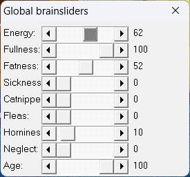 Bluescreen's internal sliders, showing he is at age 100.