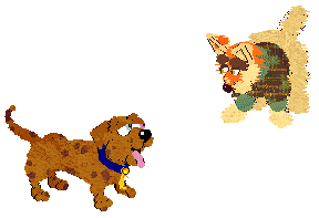 Two dogs in Petz. One of them, Sunny II, is a an orange, fluffy dog with red spots and a red left ear, one pink eye, and one light blue eye. The other, Fox, is a tan dog with orange markings on his face and green eyes, wearing a green and brown plaid sweater.