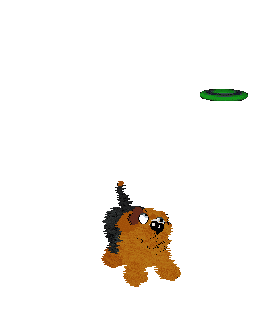 Fluffball runs and tries to jump and catch the green flying disk, but falls.