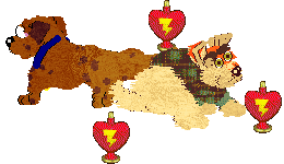 Two dogs in Petz stand amid love potions, pink heart-shaped bottles with yellow lightning bolts on them. One of the dogs, Sunny II, is a an orange, fluffy dog with red spots and a red left ear, one pink eye, and one light blue eye. The other, Fox, is a tan dog with orange markings on his face and green eyes, wearing a green and brown plaid sweater.