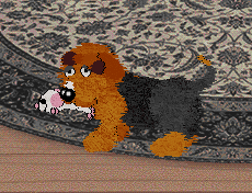 Fluffball stands holding a white mouse.