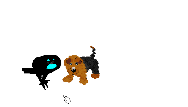 Lopho, a black bird-like being with a cyan smiley face, jumps happily after pouncing on Fluffball. A hand-like cursor goes offscreen.