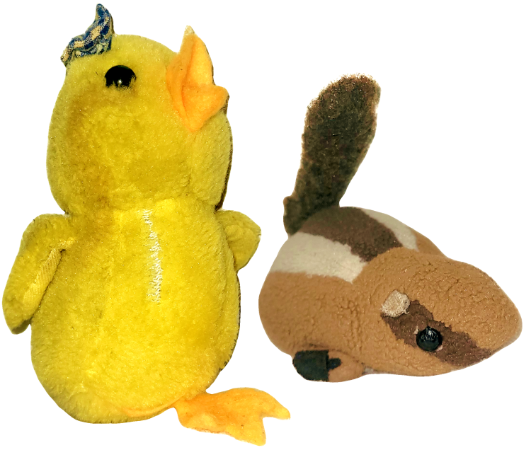 Two plushies. The one on the left is a baby chicken with a blue plaid bow and only one leg. The one on the right is a brown plush chipmunk.