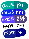 Five colours are compared, with the colours of the site on the left and the closest approximate Petz colour on the right. Both sides have the hex codes, for the site colours, and the number, for the Petz colours, overlaid.