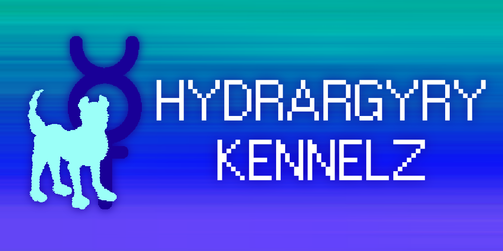 White text reading Hydrargyry Kennelz is next to the site logo, a cyan dog silhouette against a purple alchemical mercury symbol. The whole thing is on a teal, blue, and purple gradient.