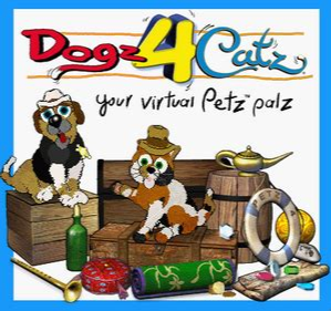 The Petz 4 splash screen, which shows shows a mutt and a calico amidst boxes and trinkets from the game.