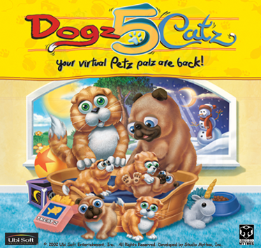 The Petz 5 splash screen, which shows a Scottish fold and a pug with two kittens and two puppies against an interior background.