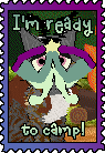 A grey, brown, and white cat in Petz wearing a luna moth mask looks at the camera while against a campsite background. Green playful text reads 'I'm ready to camp!' The has a purple gradient border.