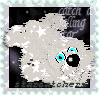 A star-patterned white Sheepdog in Petz looks at the camera while against a starry background. Barely-legible white text at the top right reads 'catch a falling star' in all lowercase, and dark green text at the bottom reads 'starcatchers' in all lowercase. The stamp border matches the pattern on the Sheepdog.