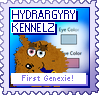 An orange Dachshund mixie in Petz looks at the camera. Behind her, two boxes from GenePoolz show the eye colours of blue and pink. The text reads 'Hydrargyry Kennelz' at the top and 'First Genexie!' at the bottom. The stamp is primarily purple on the borders and blue on the inside, with the text being white, blue, and purple.
