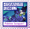An indigo, Chihuaha-eared mixie with blue and green spots in Petz looks at the camera. Behind her is a simplistic aurora drawing. The text reads 'Hydrargyry Kennelz' at the top and 'Palette Swapper!' at the bottom. The stamp is primarily pink on the borders and blue on the inside, with the text being white, blue, and pink.