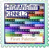 A modified palette in Petz is inlaid into a stamp. The text reads 'Hydrargyry Kennelz' at the top and 'Palette Swapper!' at the bottom. The stamp is primarily teal on the borders, with the text being white, blue, and orange.