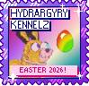 An Easter stamp for Easter, with a gold bunny in Petz sitting and staring at a rainbow-coloured egg. The text at the top reads 'Hydrargyry Kennelz' and the text at the bottom reads 'Easter 2026!'.